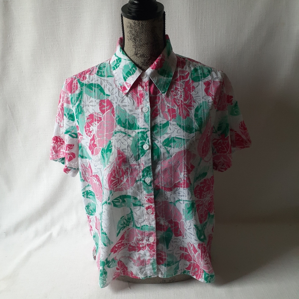 Alfred Dunner women's pink/green button-down short-sleeve top size 12P